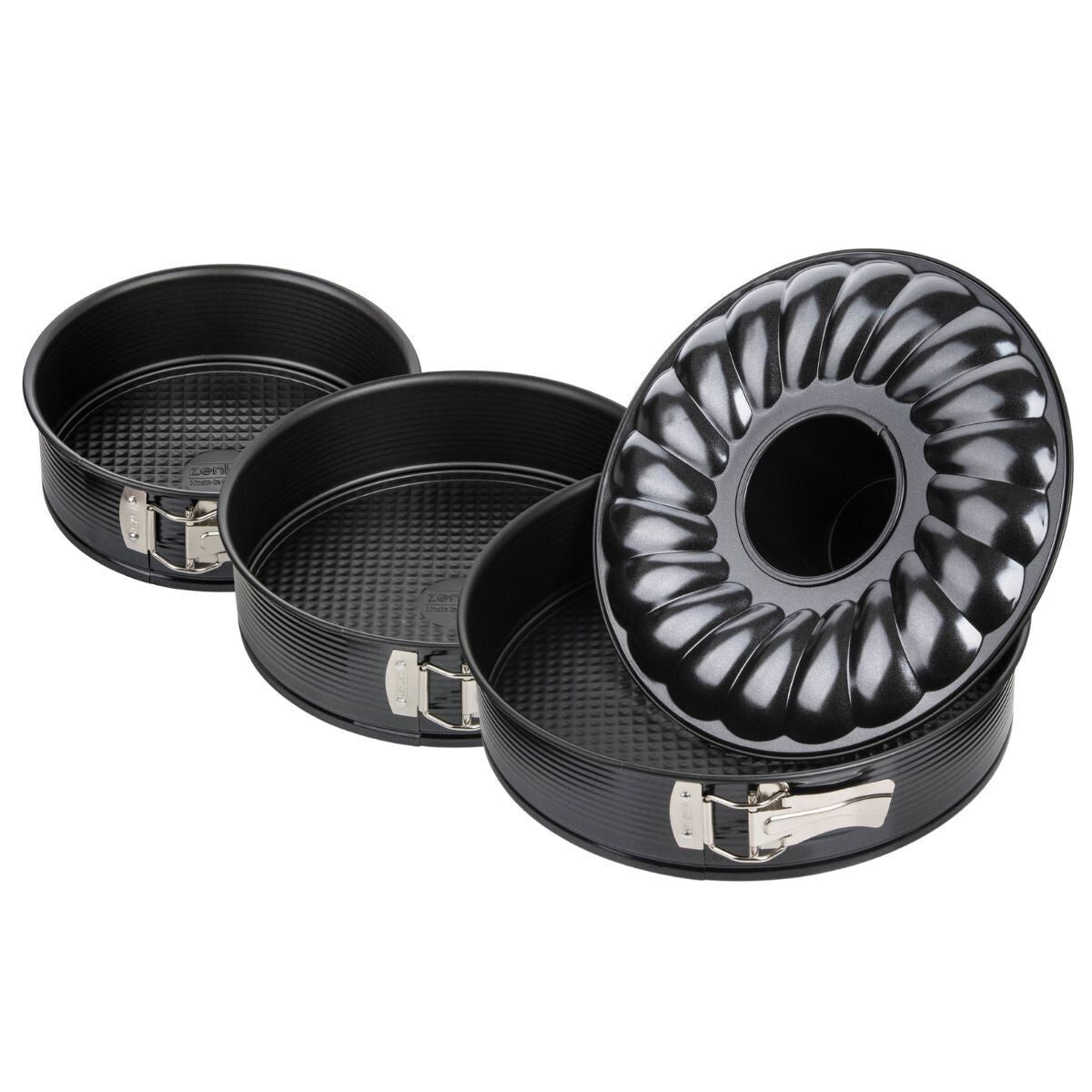 Set di 2 stampi a cerniera e 1 stampo a cerniera e savarin diametri 20, 24, 28 cm Zenker Nero Metallizzato