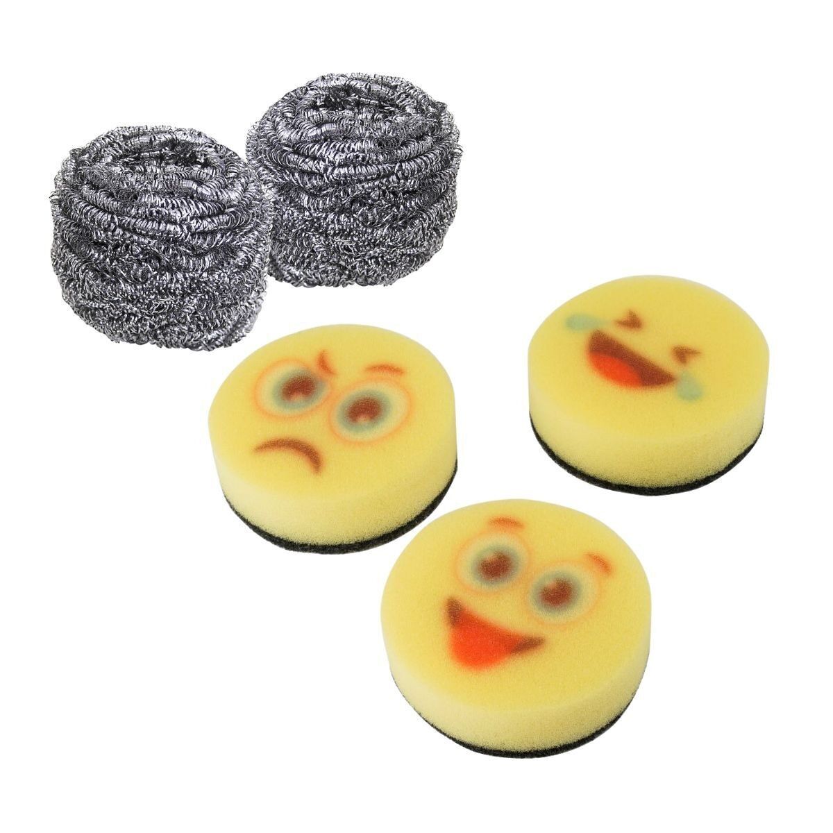 Set di 3 spugne emoji e 2 spugne in acciaio inossidabile Fackelmann Home