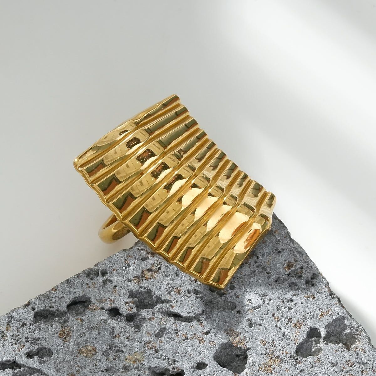 Open Gold Ring with Shiny Rectangular Plate and Engraving