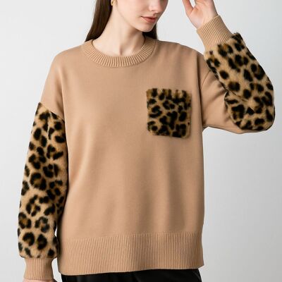 Pull en tricot doux avec poches et manches à imprimé léopard doux et moelleux