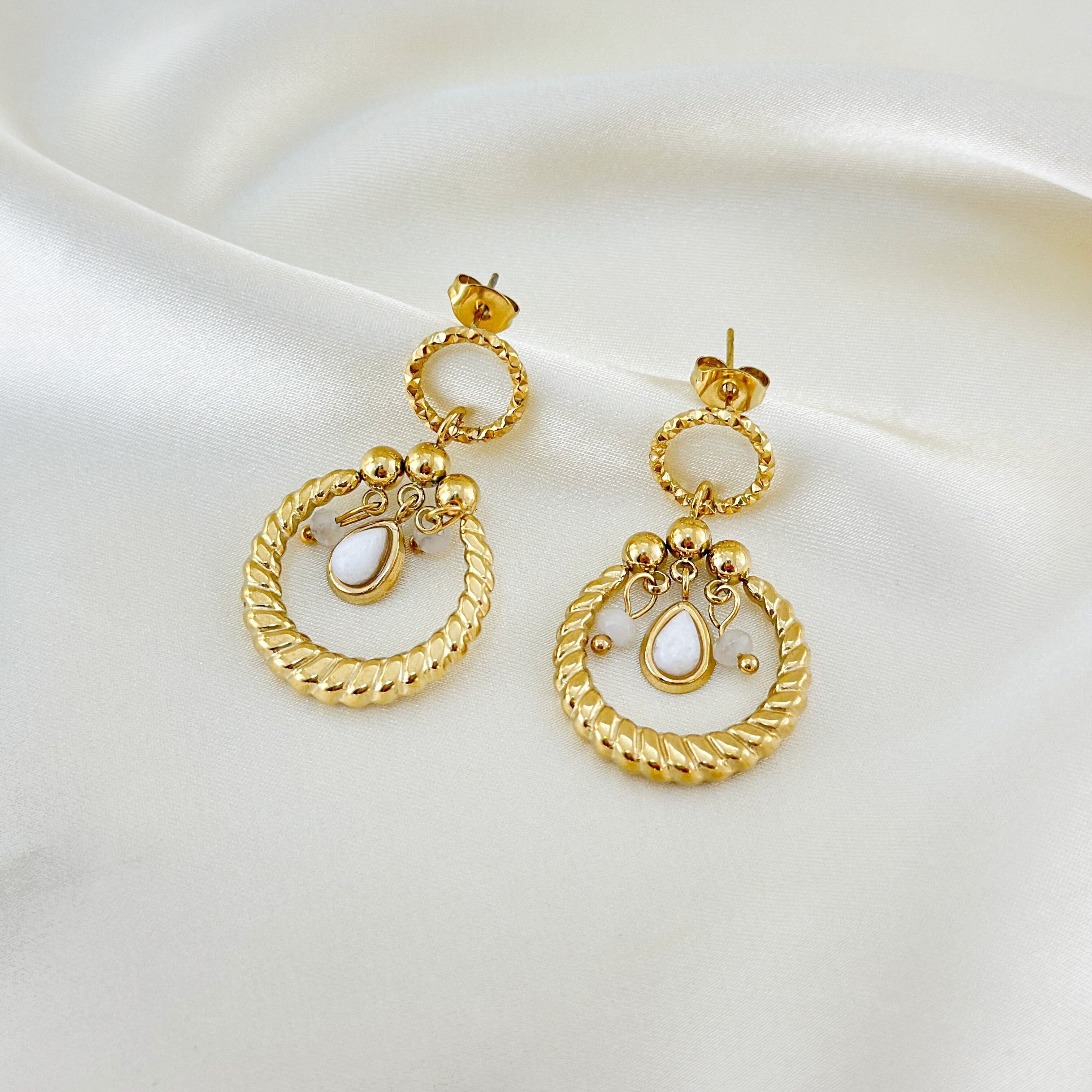 Textured Double Hoop Gold Earrings With White Stone Pendants