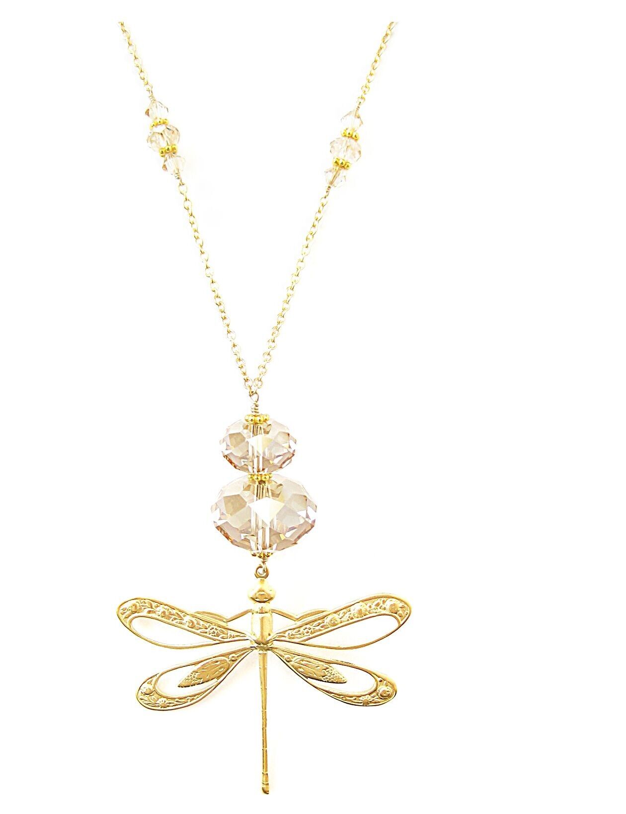 Collana lunga a forma di libellula placcata in oro 18K con cristalli Golden Shadow