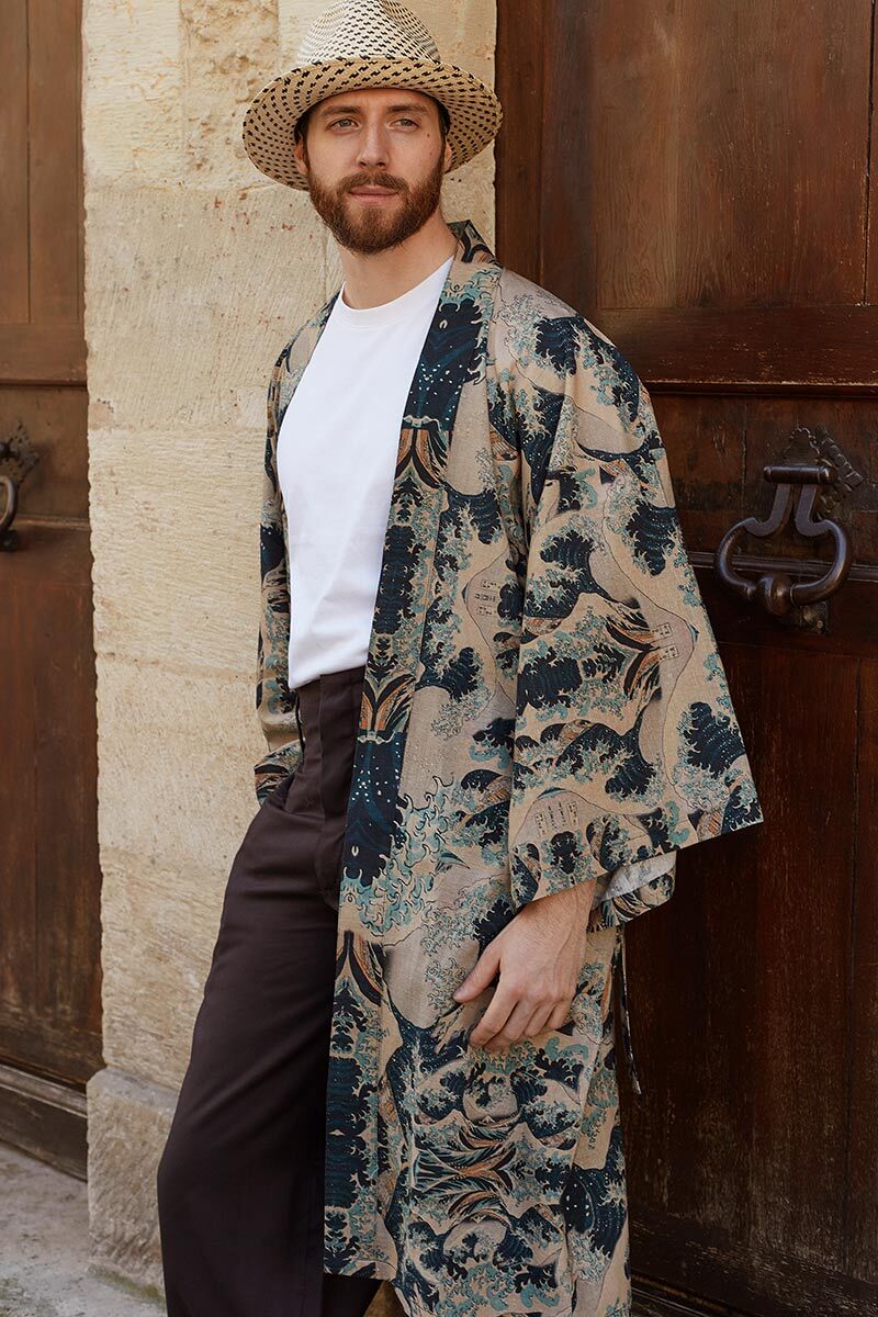 Kimono unisexe en coton et lin "Grande Vague de Hokusai", très chic !