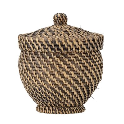 Panier Leoonie avec couvercle, noir, rotin - (D16xH18 cm)