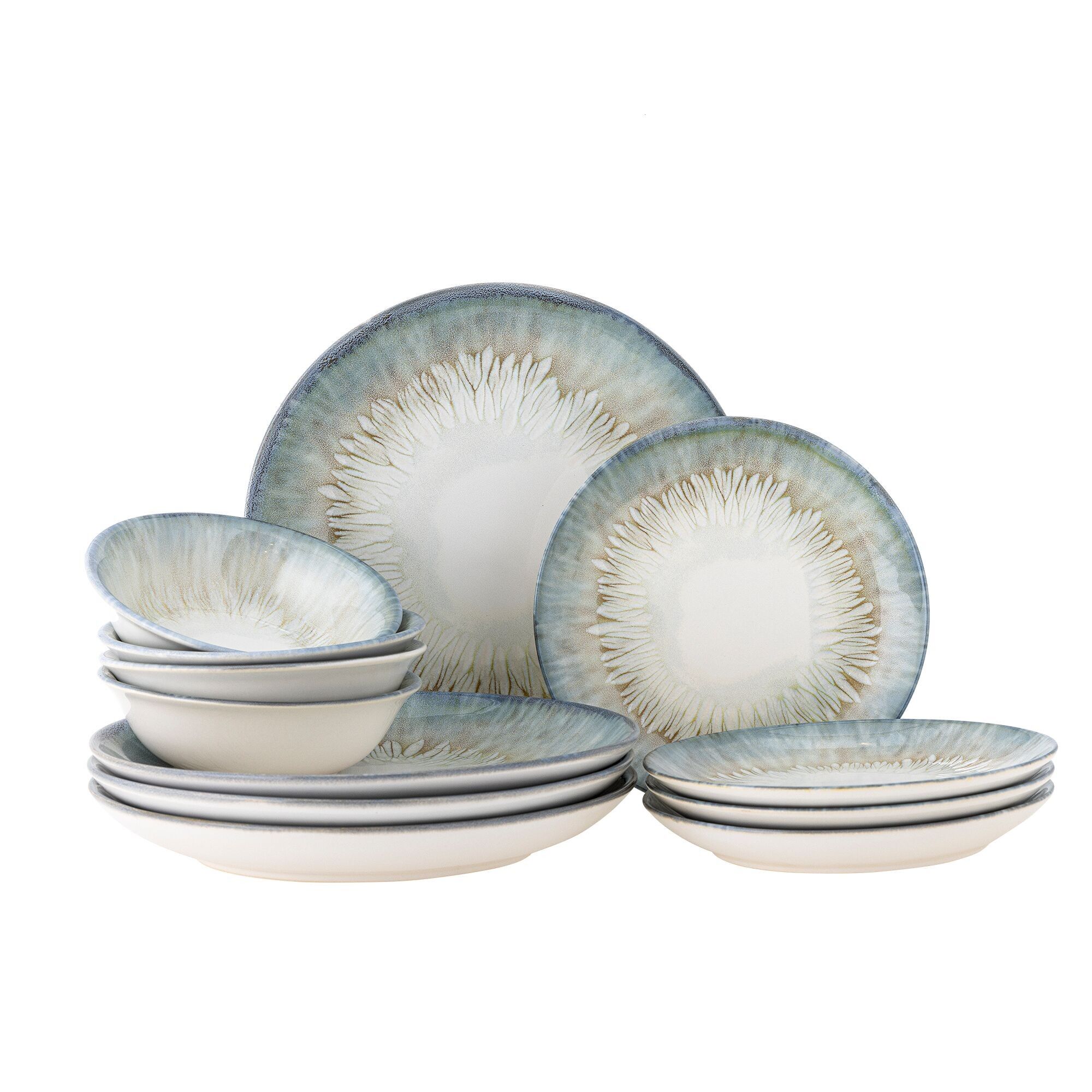 Calen Dinnerware Set, Blu, Gres - (L:P17xH5/P:P22xH3/P:P27xH4 cm, Set di 3x4 articoli)