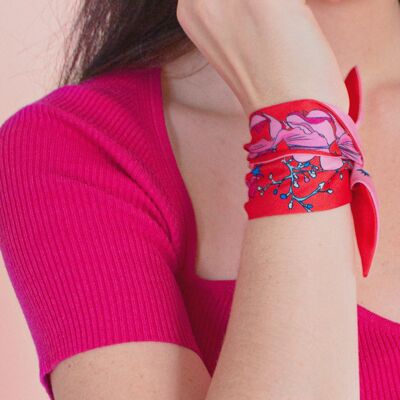 VirginieRiou – Sciarpa a nastro “Love” – Poliestere riciclato – rosso e rosa, cuore – nastro 42 cm x 6 cm