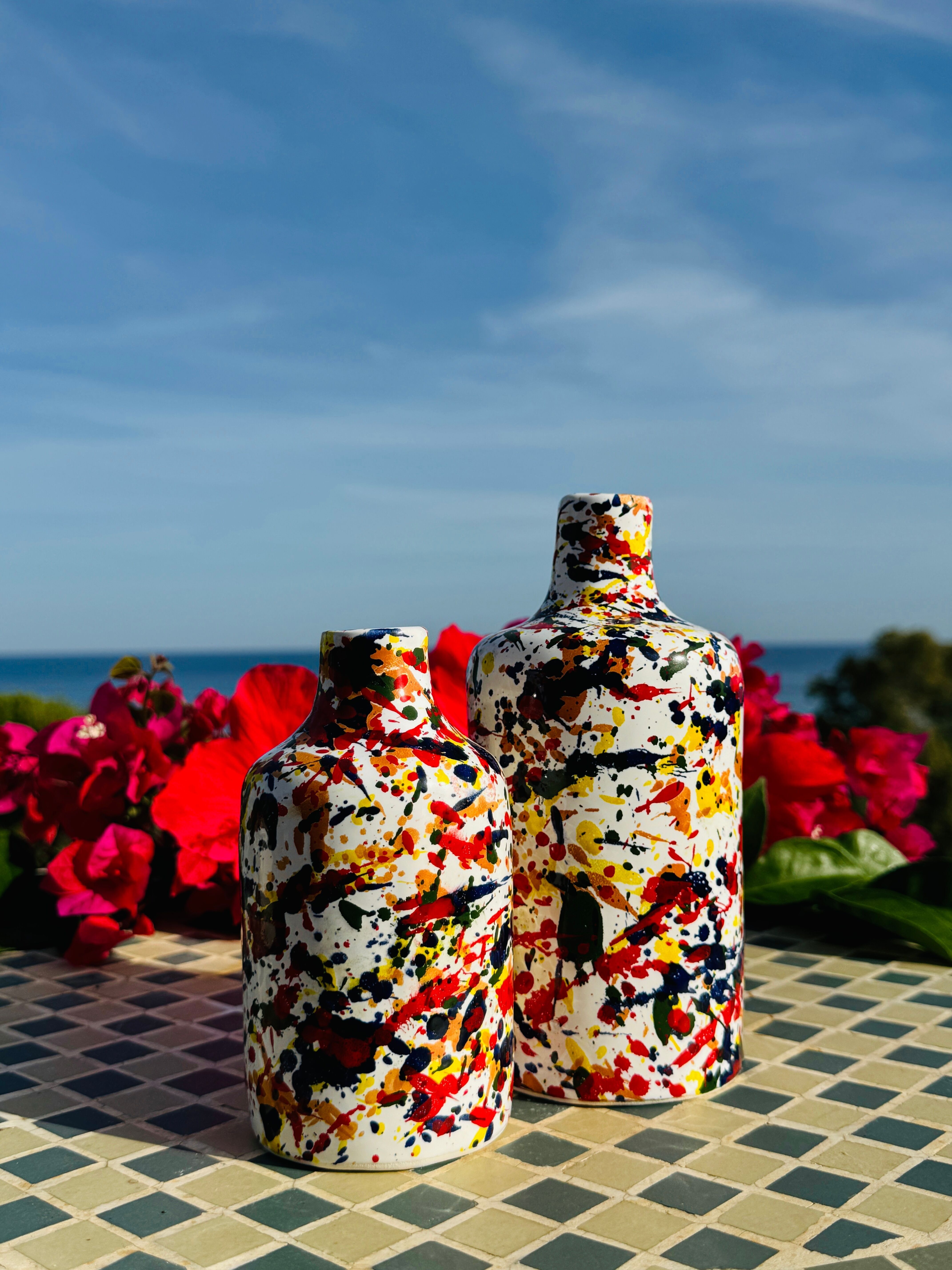 Bottiglia per olio artigianale, distributore di olio in ceramica "Arlecchino" per olio d'oliva e aceto dall'Italia