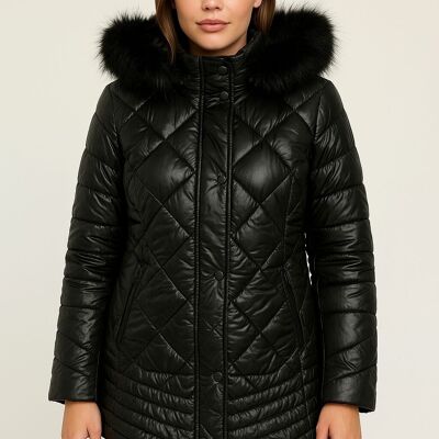 Veste matelassée matelassée avec fausse fourrure douce sur la capuche, fermeture à glissière et à boutons et poches latérales