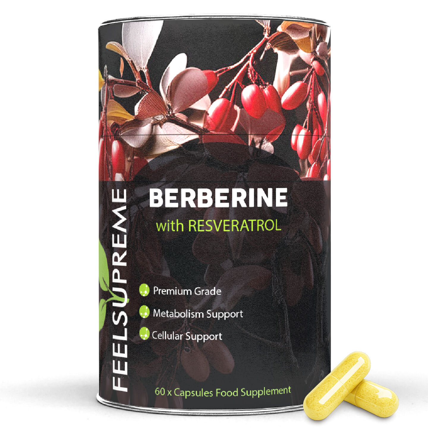 Feel Supreme Berberine & Resveratrol Supplement | Supports Healthy Metabolism, Blood Sugar, Heart Health & Longevity | Antioxidant Formula | 60 Vegan Capsules