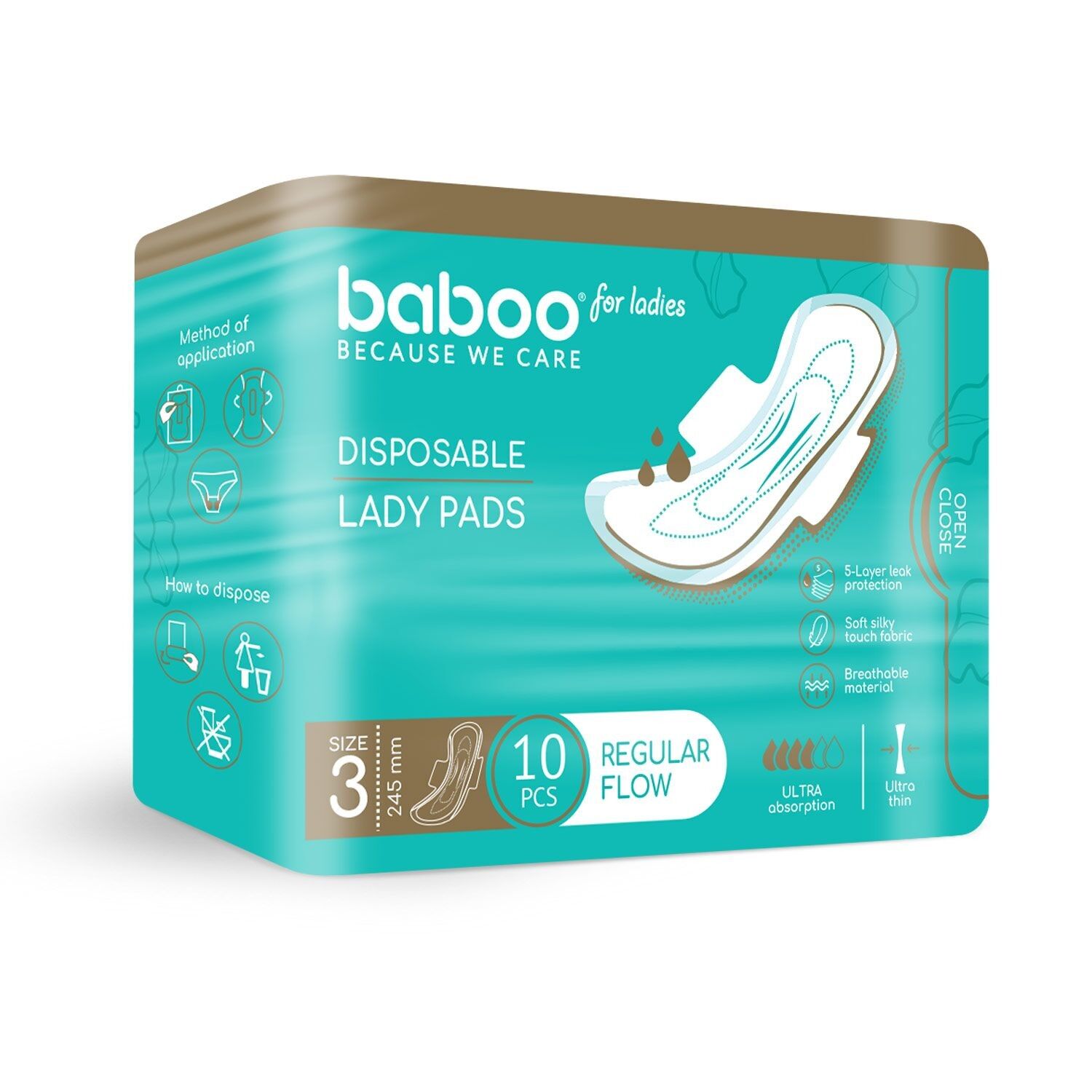 Serviettes hygiéniques jetables BABOO®, 10 pièces, 245 mm