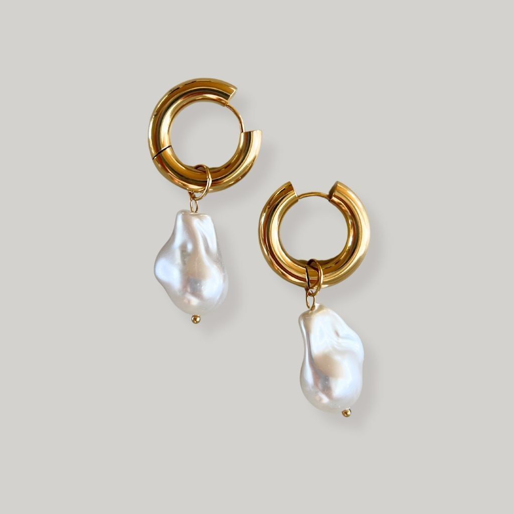 Boucles d'oreilles créoles dorées avec perles - Boucles d'oreilles perles baroques - Acier inoxydable plaqué or - Boucles d'oreilles en or étanches