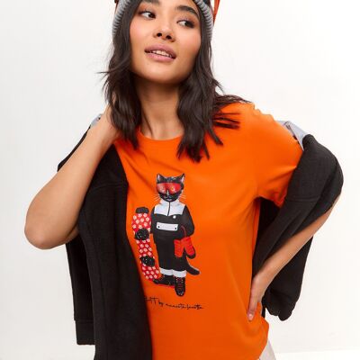 T-shirt stampata arancione SNOWBOARD CAT