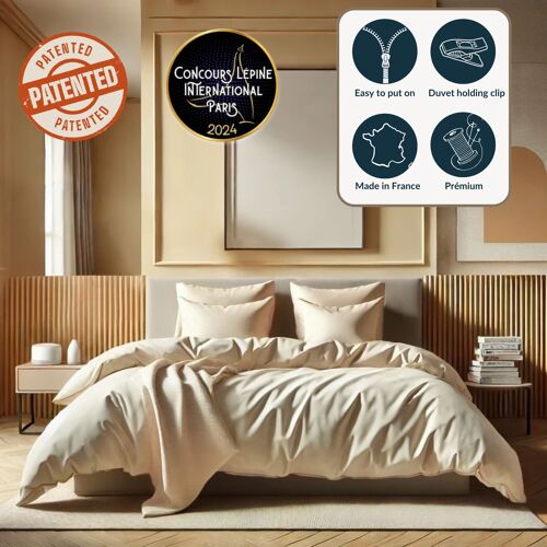 Parure de lit : Housse de couette brevetée zippée facile à mettre avec système de maintient de la couette  2 taies d'oreillers - 100 % Percale de coton - PACK x6