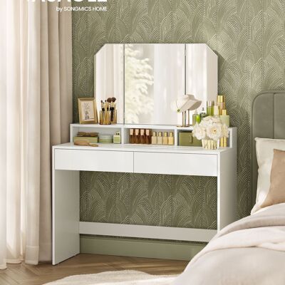 Kaptafel met inklapbare spiegel en 2 lades blanco 100 x 40 x 142 cm (largo x ancho x alto)