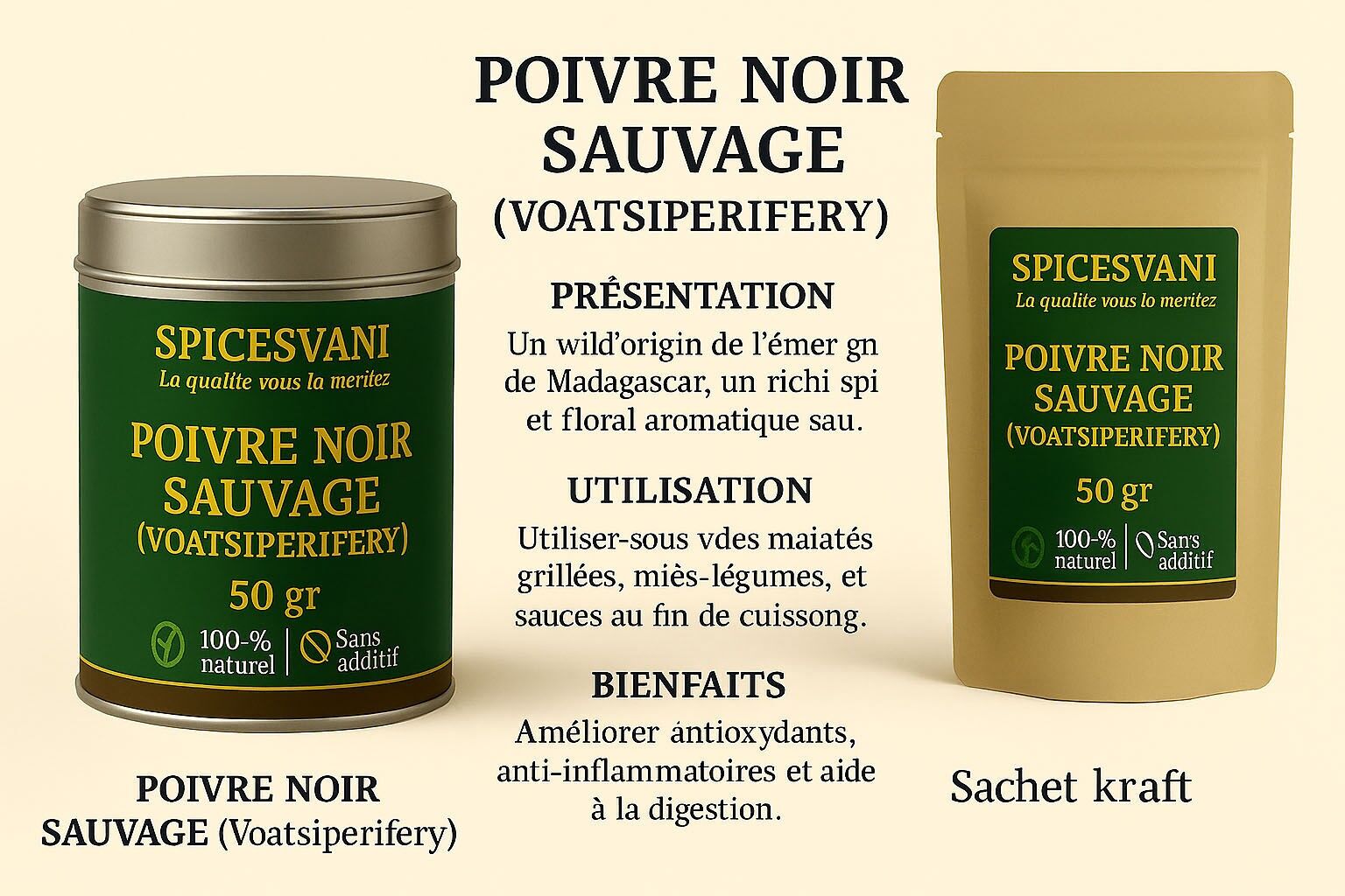 Poivre noir Sauvage en grains (Voatsiperifery), de Madagascar véritable trésor des forets 50Grammes
