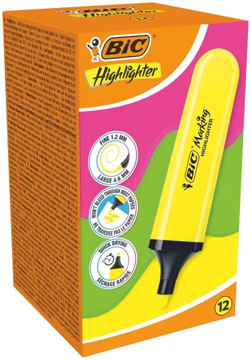 12 Surligneurs BIC Marking Flat Jaune Fluo