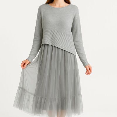 Jersey de punto de primera calidad en mezcla de lana con vestido de malla plisada