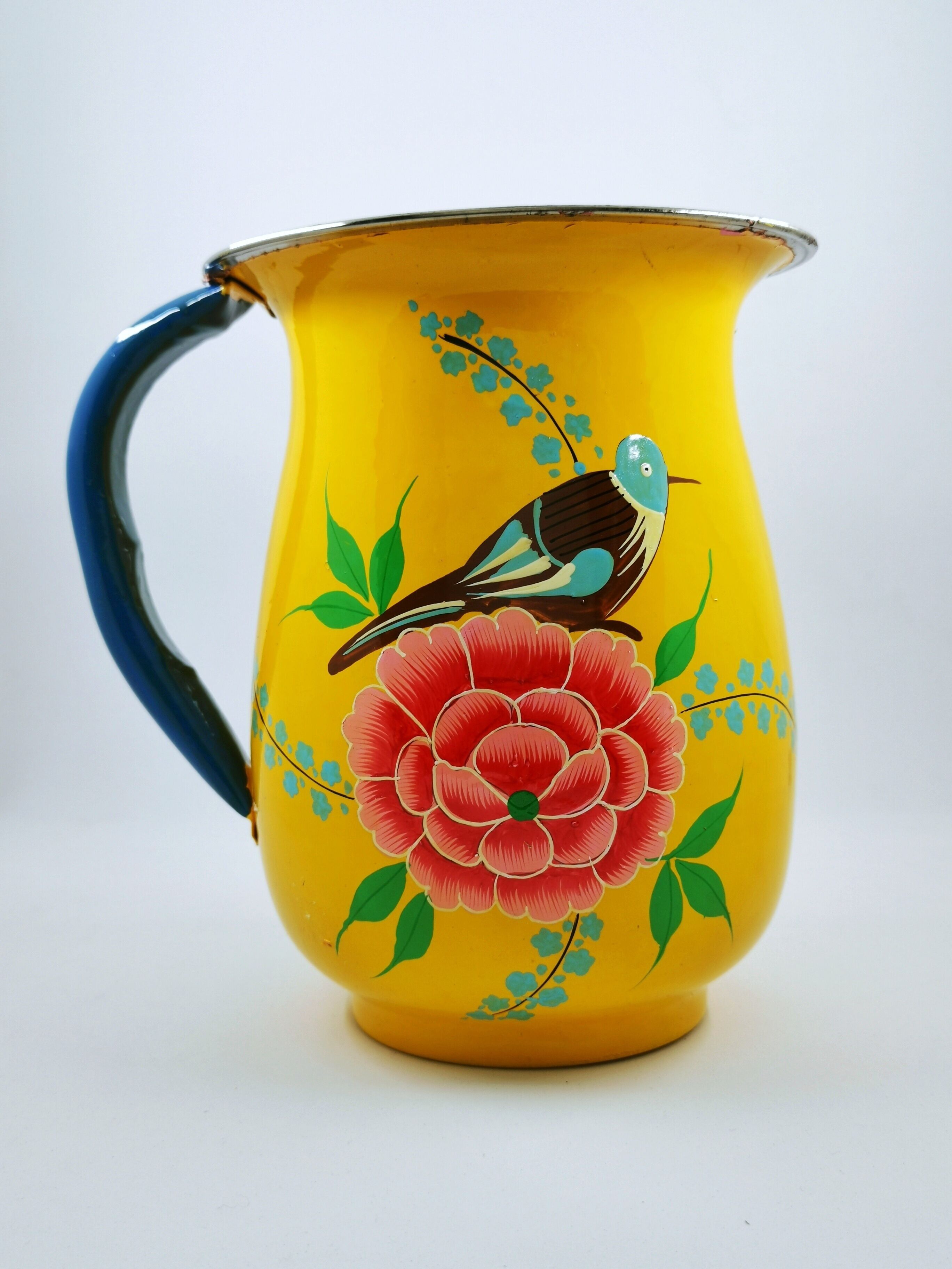 Carafe en émail indien motif fleurs jaune