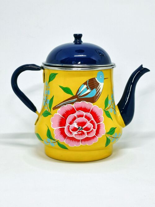 Théière en émail indien motif fleurs jaune