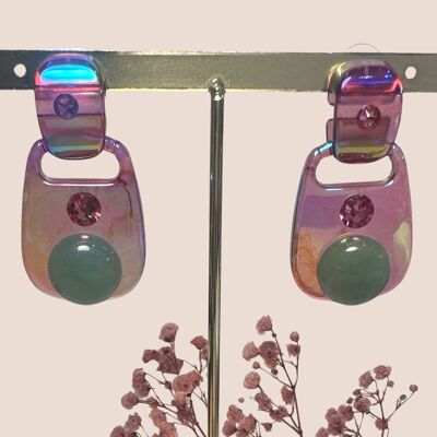 Boucles d'Oreilles en Résine Rose et Aventurine Verte – Charme et Vitalité