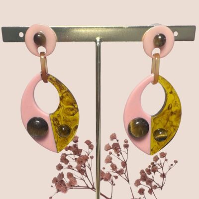 Boucles d'Oreilles en Résine Rose et Marron et Œil de Tigre – Charisme et Énergie