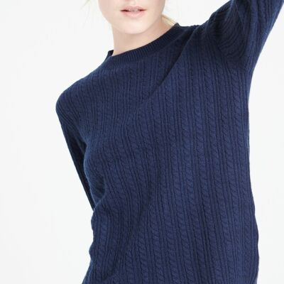 LILLY 29 Maglia girocollo in cashmere a 4 capi con lavorazione a trecce di colore blu navy