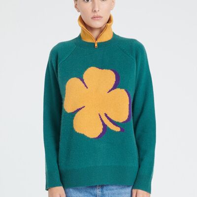 ZAYA 10 Pull col rond à manches raglan en cachemire jacquard trèfle 4 fils vert foncé