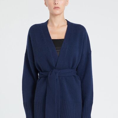 ZAYA 8 Cardigan ceinturé en cachemire 8 fils bleu marine