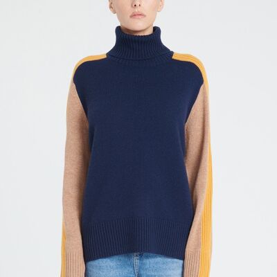 ZAYA 12 Multi-color 4-ply cashmere color block turtleneck sweater