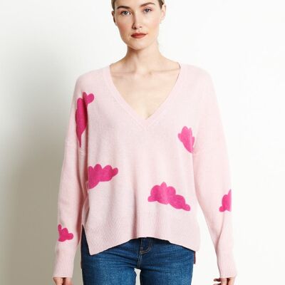 RIA 20 Pull col V oversize imprimé nuage en cachemire rose baby/rose indien