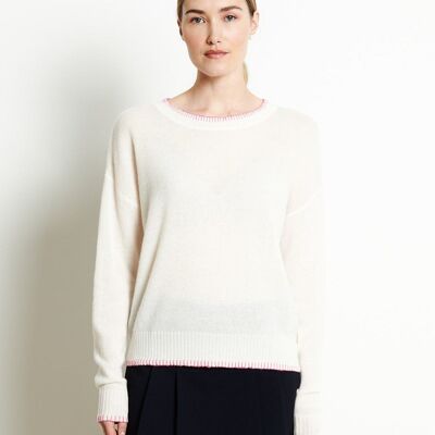 RIA 15 Oversized round neck sweater with visible stitching in ecru white cashmere