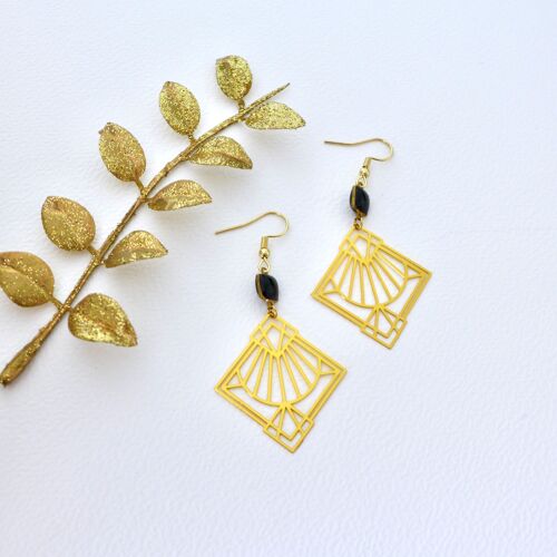 Boucles d'oreilles fine estampe carrée graphique Art Déco en laiton doré