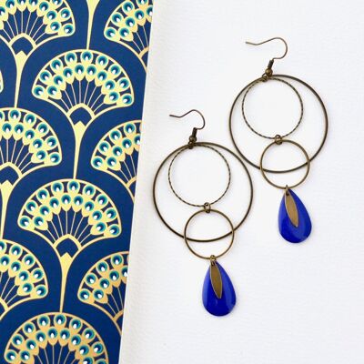 Boucles d'oreilles cascade d'anneaux laiton bronze émail bleu roi