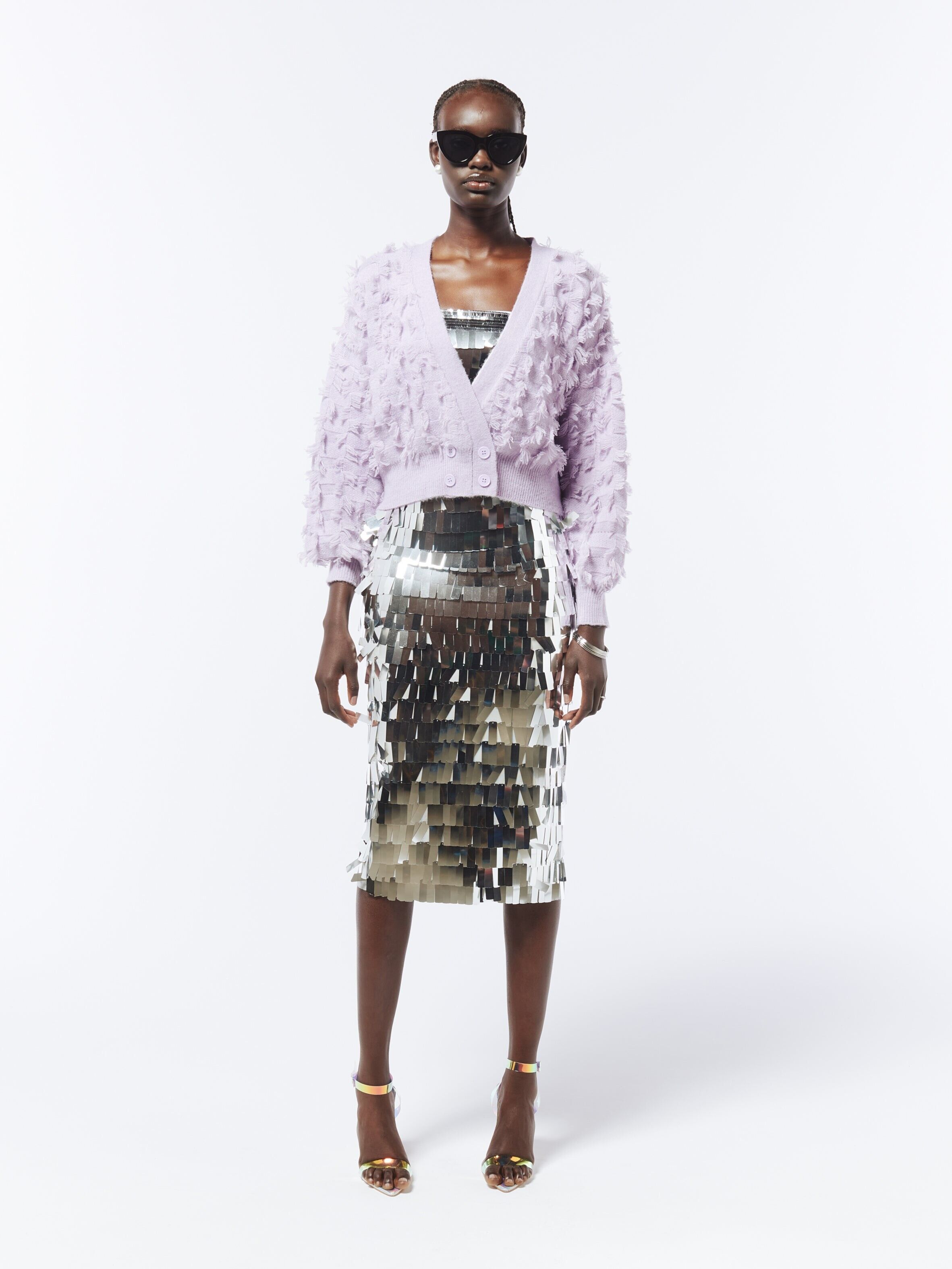 Cardigan a scacchi con frange in viola glicine