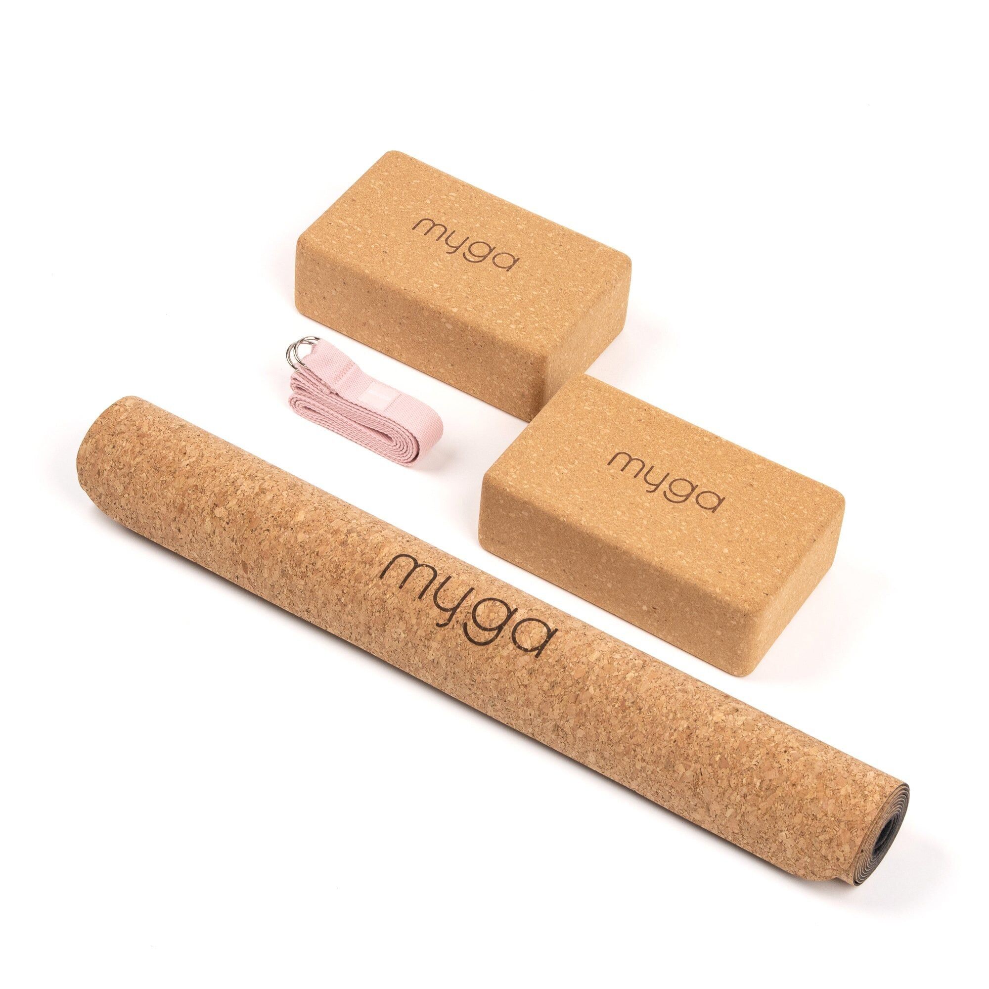 Set completo de yoga de corcho compuesto por una estera de yoga de corcho, 2 bloques de corcho y una correa de yoga 2 en 1 - rosa