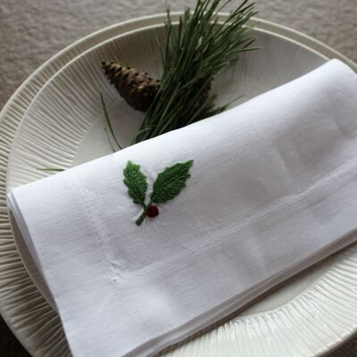 Cloth napkin linen motif "Ilex" hand-embroidered 40x40cm set of 2