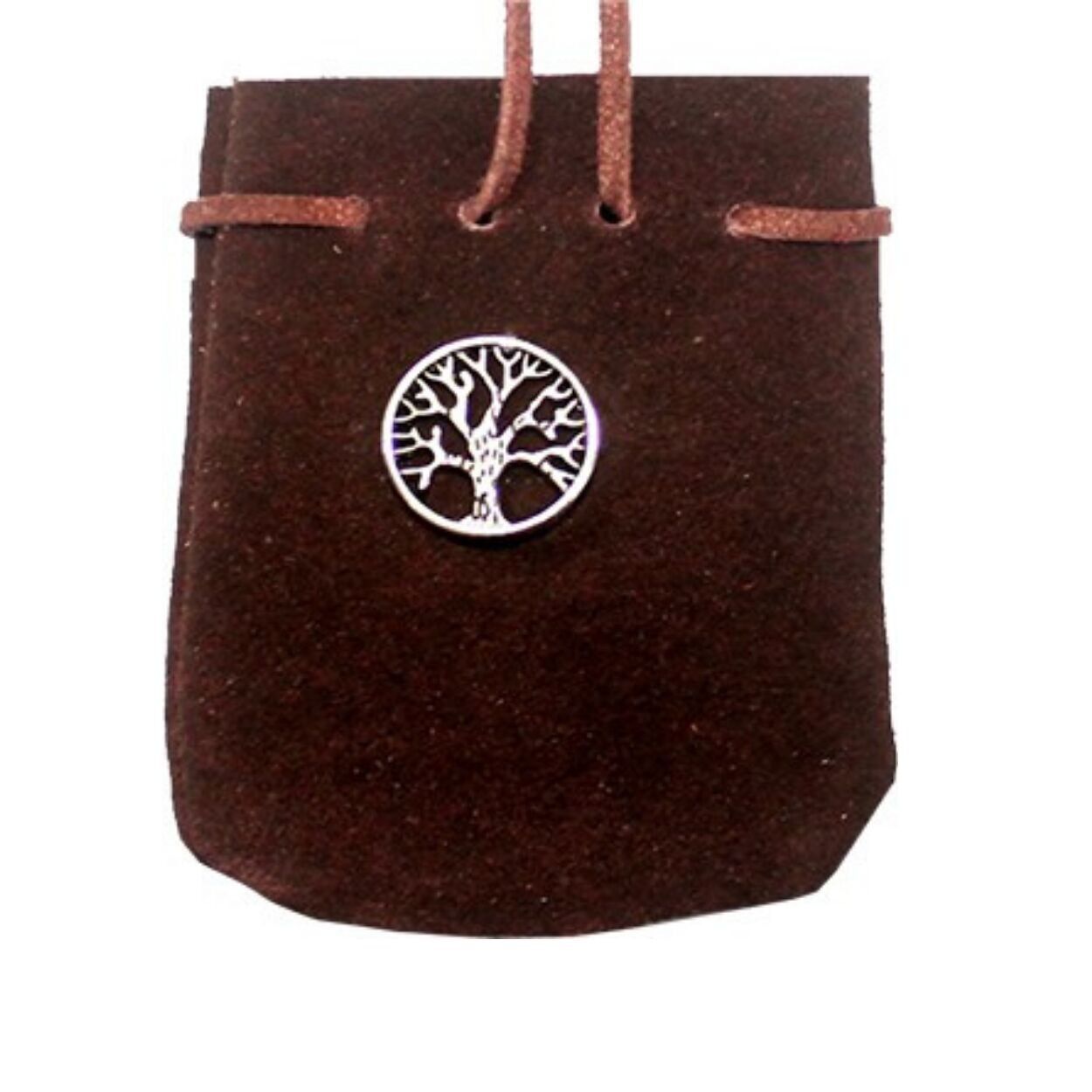 SUEDE POUCH ROUNDED WITH STRAP  BROWN-  TREE OF LIFE 3.25" x