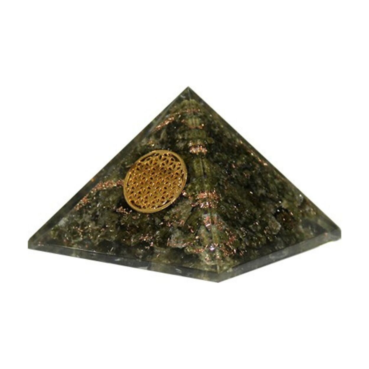 Grande piramide di Orgonite Epidot Fiore della Vita