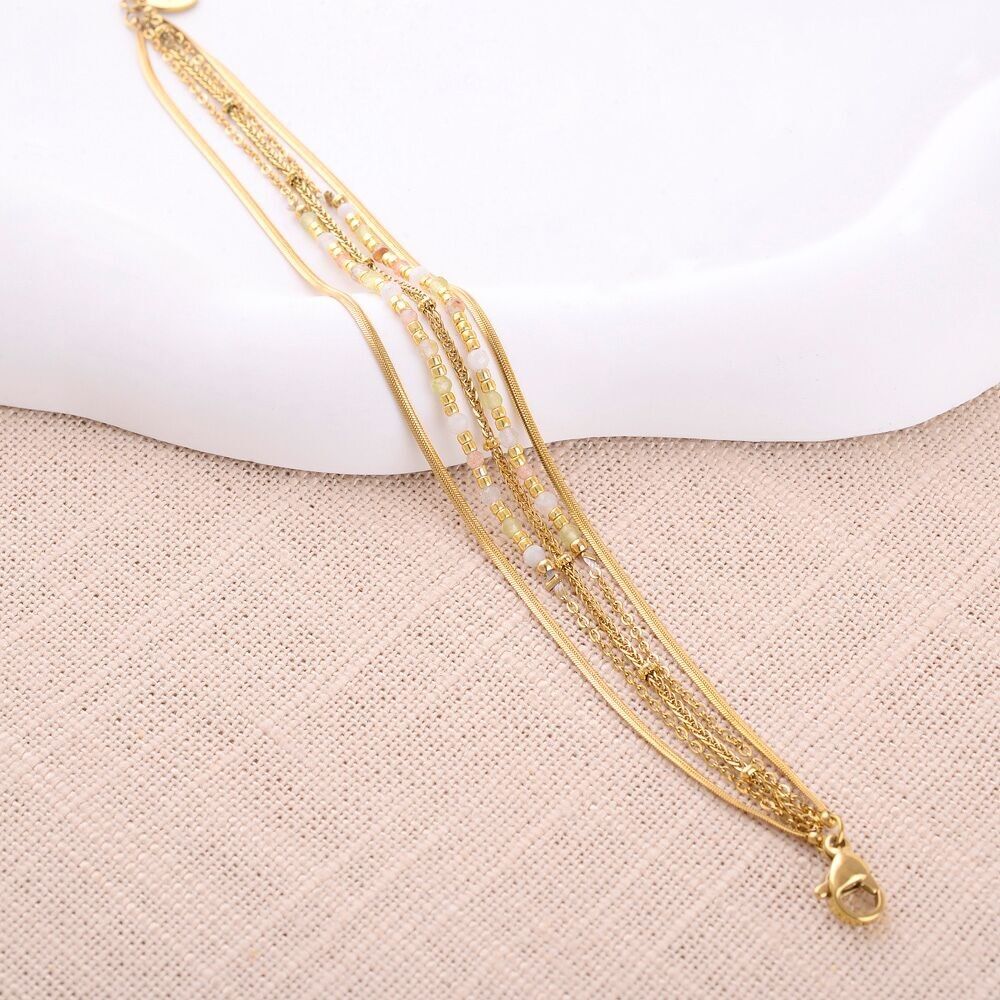 Bracelet Ellyn - 5 rangs, mailles miroir, forçat et torsadée avec pierres naturelles