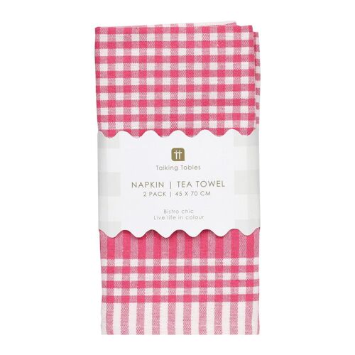 Bon Appetit Raspberry & White Fabric Gingham Napkins/Tea Towels - 2 Pack