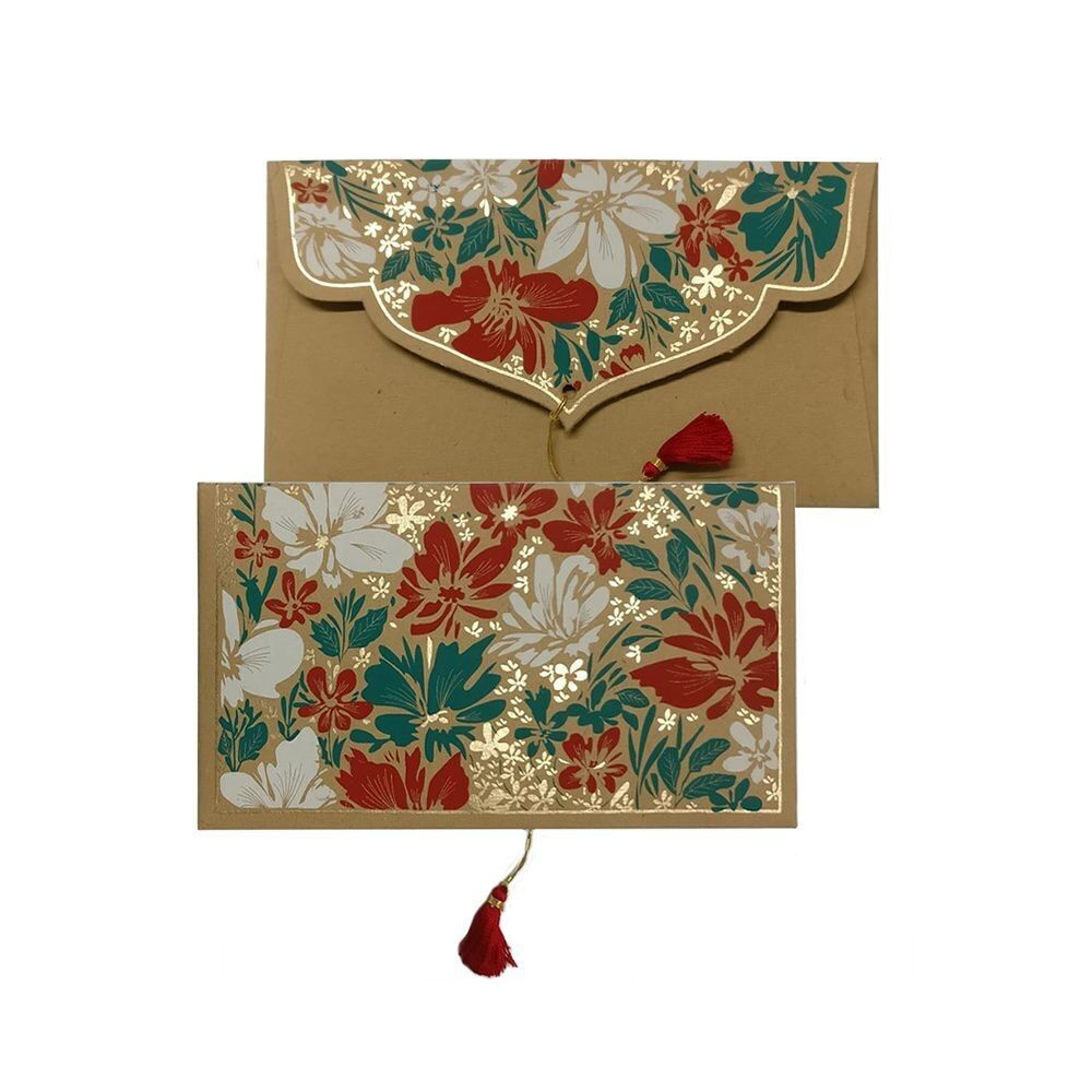 PAPERTREE Enveloppe Cadeau en coton 19x10cm - Collection BOUQUET - Kraft/Rouge+ Vert/Or