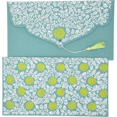 PAPERTREE Cotton Gift Envelope 19x10cm - MONSOON Collection - Peacock Green/Anise
