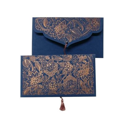 PAPERTREE Geschenkumschlag aus Baumwolle, 19 x 10 cm – PONDICHERY-Kollektion – Blau/Kupfer