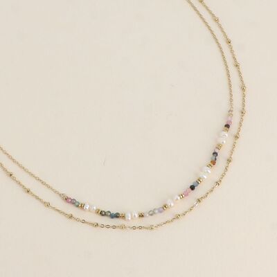 Collar Aryne - 2 hileras, perlas de agua dulce y piedras naturales