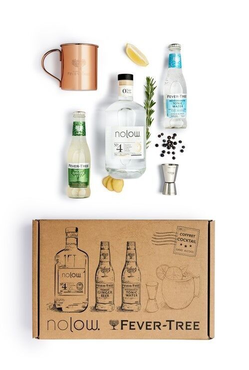 Coffret Cocktail NOLOW N°4 comprenant 1 bouteille de Distillat Botanique N°4 sans alcool + 1 bouteille de 200ml de Indian Tonic Fever-Tree + 1 bouteille 200ml de Ginger beer Fever-Tree + 1 Mug et 1 Jigger offerts