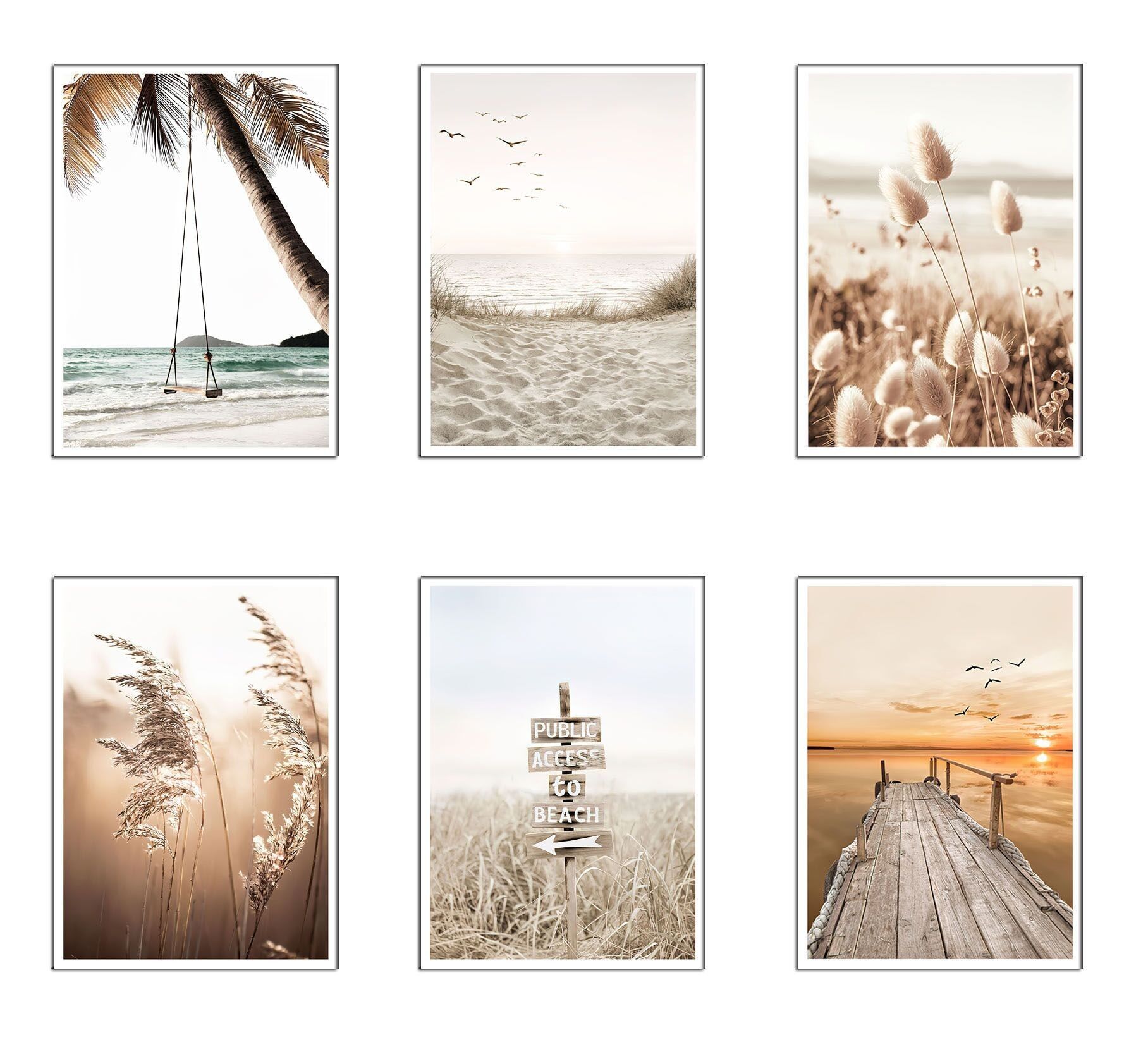 Set aus dekorativen Blättern und modernen dekorativen Wandgemälden, Landschaft, Strand, Natur, Ref.27469