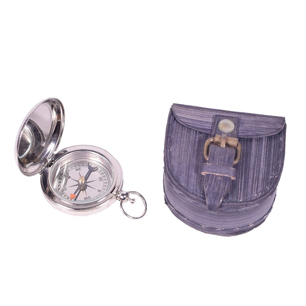 Boussole Dalvey en laiton finition chromée avec étui en cuir noir
