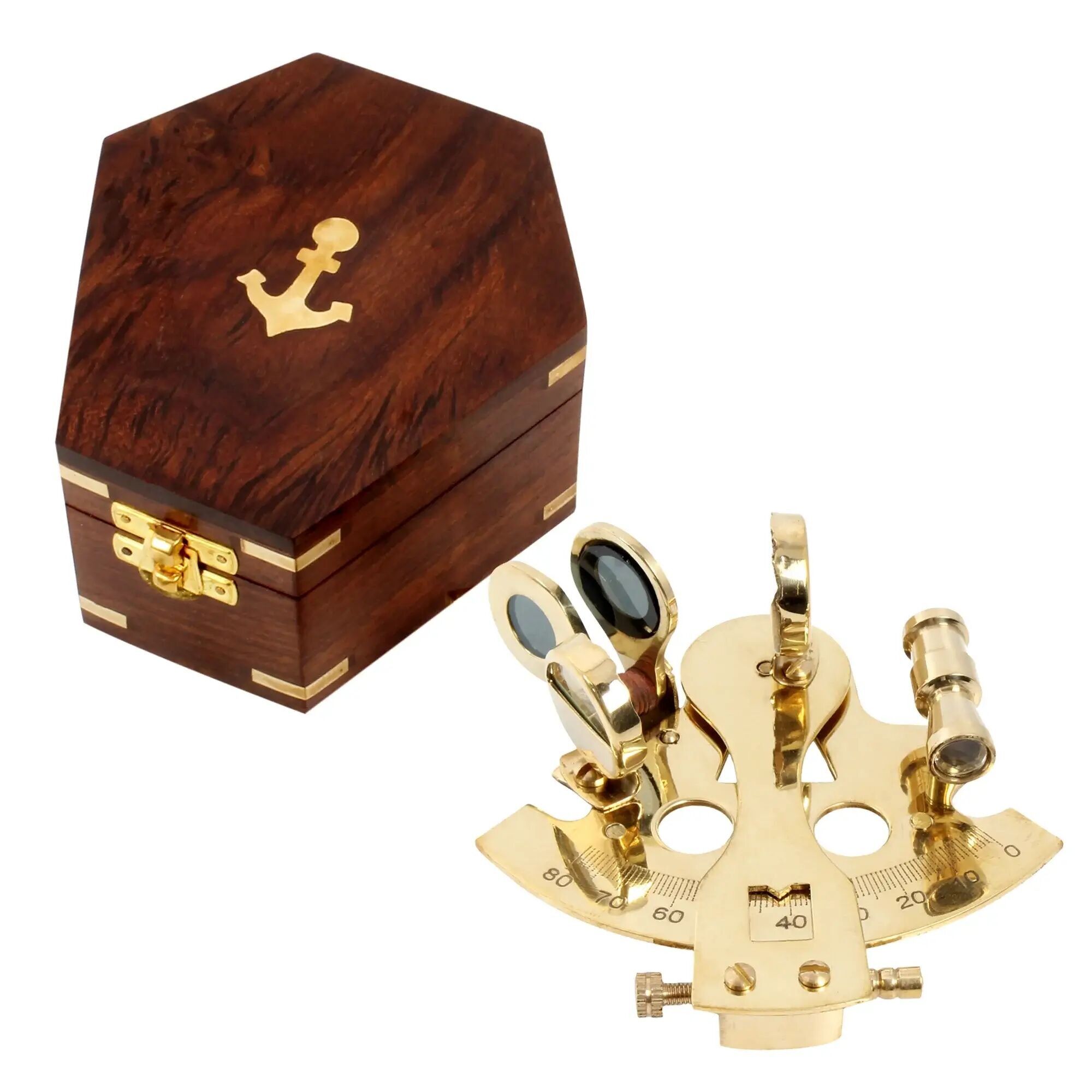 Sestante in ottone lucido semplice in scatola di legno