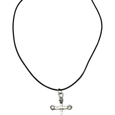 Collana in pelle nera e croce in argento 7-10 micron