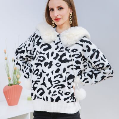 Maglione leopardato bianco con collo in pelliccia sintetica - 575